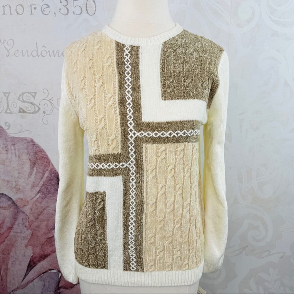 Alfred Dunner Petites Twilight Point Tan Beige Cream Sweater Small Petite